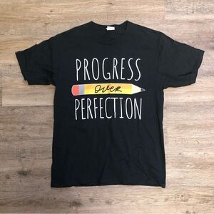 Women’s black t shirt, size M,progress over perfection